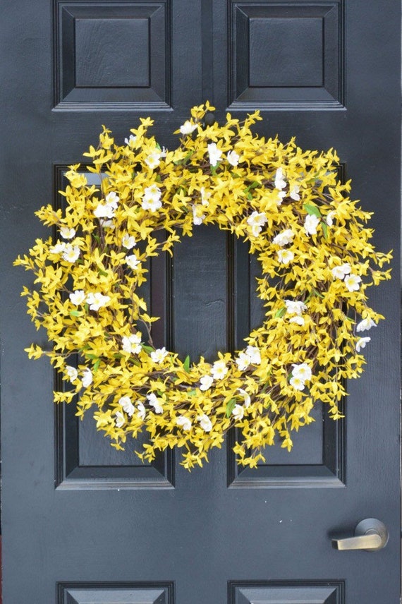 XL Yellow Forsythia Spring Wreath: Outdoor Spring Floral, Front Door Decor
