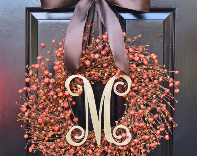 Mini Pumpkin Fall Wreath- Pumpkin Berry Wreath- Front Door Wreath Orange Pumpkin Fall Wreath- Autumn Decoration- Orange Berries Monogram