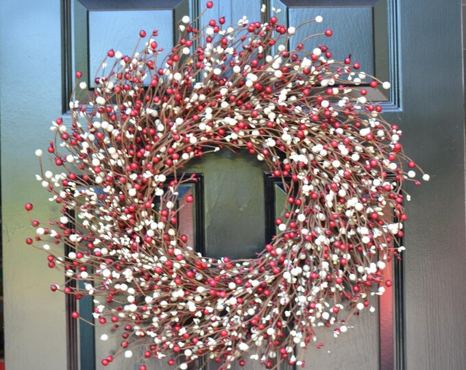 Valentine's Day Berry Wreath- Red and Cream Door Wreath- Fall Wreath- Wedding- Christmas Wreath- Fall Winter Decor- Year Round Decoration