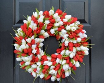 SUMMER WREATH SALE Spring Wreath- Tulip Spring Wreath- Valentine's Day Wreath- Red and White Valentine Decor