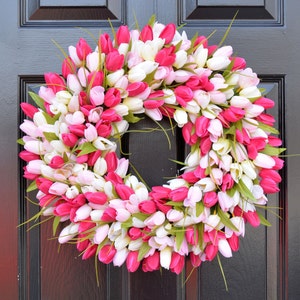 Pink Tulip Farmhouse Wreath- Spring Wreath- Mother's Day Wreath- Gift for Mom- Mother's Day Gift- Shabby Chic Decor- Front Door Wreath