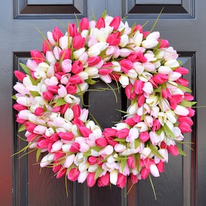 Pink Tulip Farmhouse Wreath- Spring Wreath- Mother&#39;s Day Wreath- Gift for Mom- Mother&#39;s Day Gift- Shabby Chic Decor- Front Door Wreath