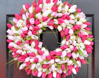 Pink Tulip Farmhouse Wreath- Spring Wreath- Mother's Day Wreath- Gift for Mom- Mother's Day Gift- Shabby Chic Decor- Front Door Wreath