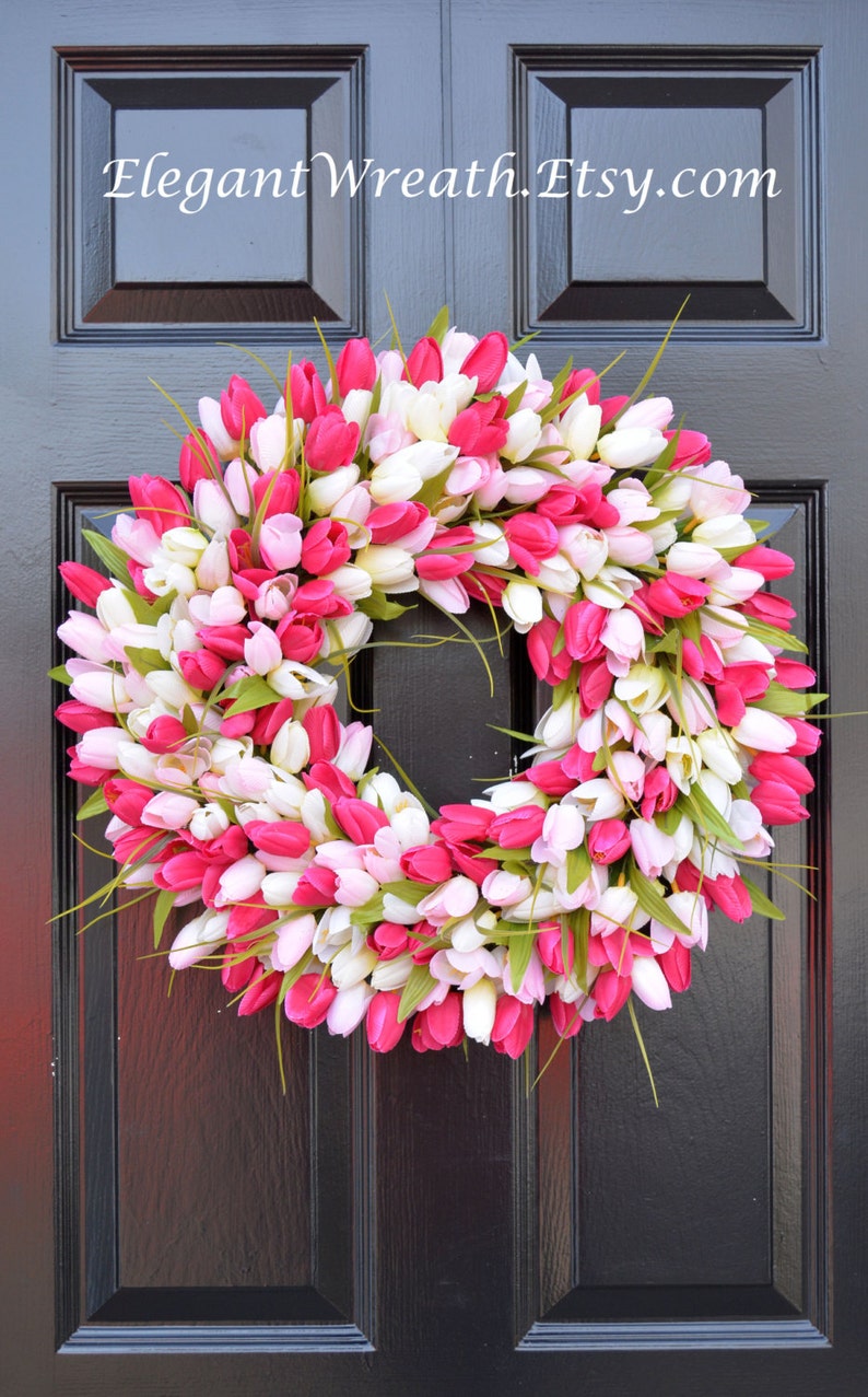 Pink Tulip Farmhouse Wreath Spring Wreath Mother's Day Wreath Gift for Mom Mother's Day Gift Shabby Chic Decor Front Door Wreath pink/ltpink/white