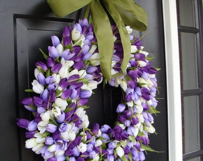 Spring Decor- Tulip Spring Wreath, Wreath for Door Spring, Custom Colors and Ribbon, 24 inch Spring Wreath, Door Wreath