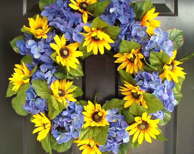 Hydrangea and Sunflower Wreath- Summer Wreath- Spring Door Wreath - Etsy