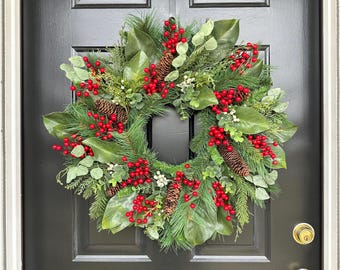 Christmas Pine Wreath: Magnolia Leaves, Red Berries, Pine Cones (24 or 28 inch)