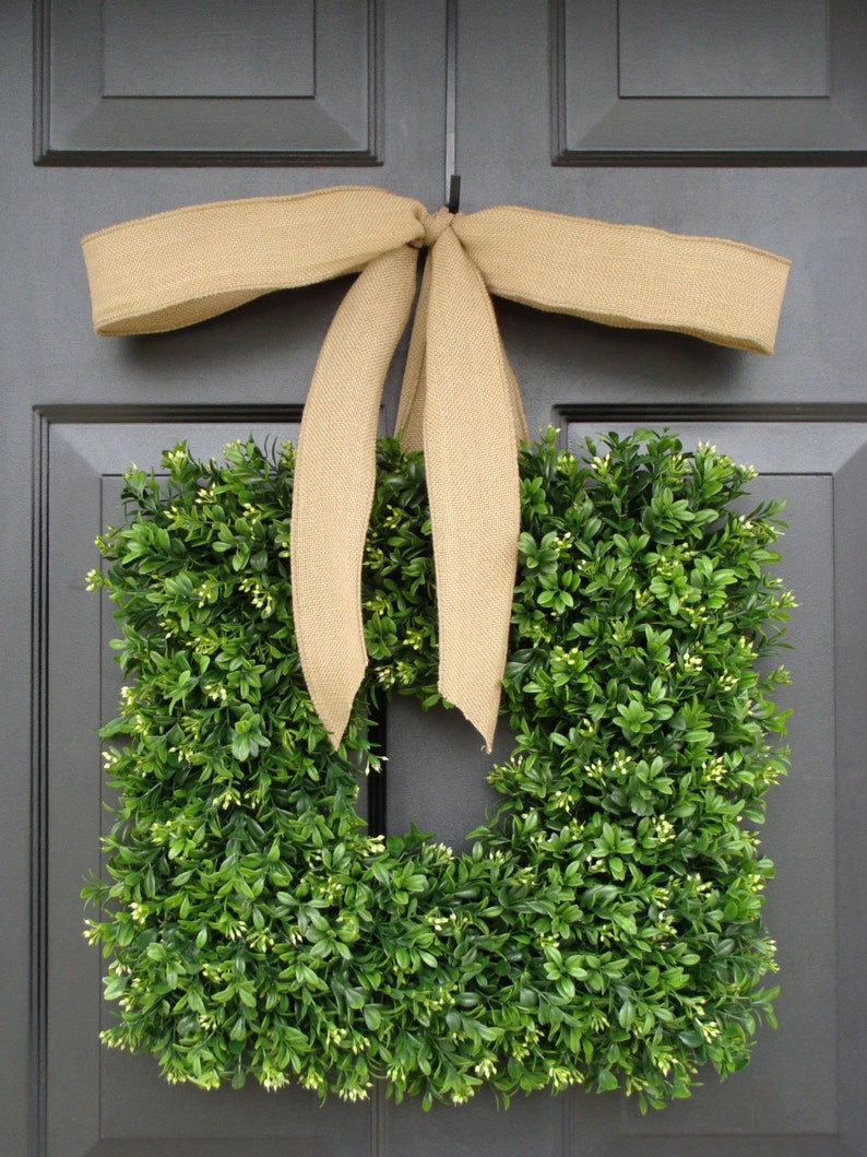 Cottage Chic Square Boxwood Wreath Shabby Chic Wreath Spring Wreath 16 INCH THIN Wreath for Storm Door Housewarming Gift Kitchen Decor