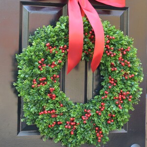 Farmhouse Christmas Wreath Front Door Outdoor Boxwood Red Berries Holiday Wreath Winter Farmhouse decor Storm Door Wreath Decor image 5