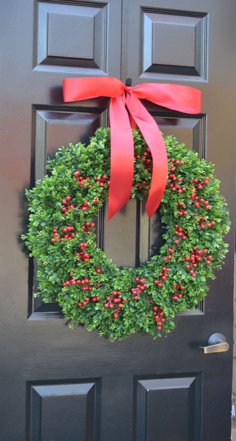 Farmhouse Christmas Wreath Front Door Outdoor Boxwood Red Berries Holiday Wreath Winter Farmhouse decor Storm Door Wreath Decor image 5