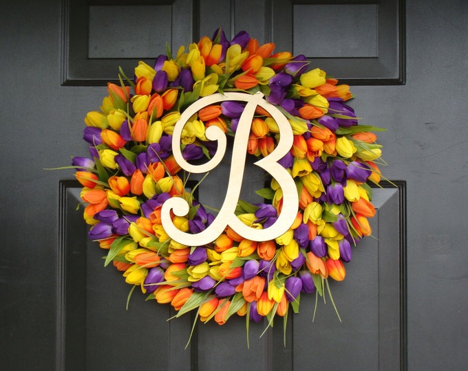 Initial Letter Tulip Wreath- Tulip Monogram Spring Wreath Custom Colors and Sizes- Monogram Wreath- ORIGINAL Tulip Wreath Monogram Letter