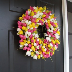 Spring Wreath Pink Mini Tulip Spring Wreath Front Door Wreath for Spring image 3