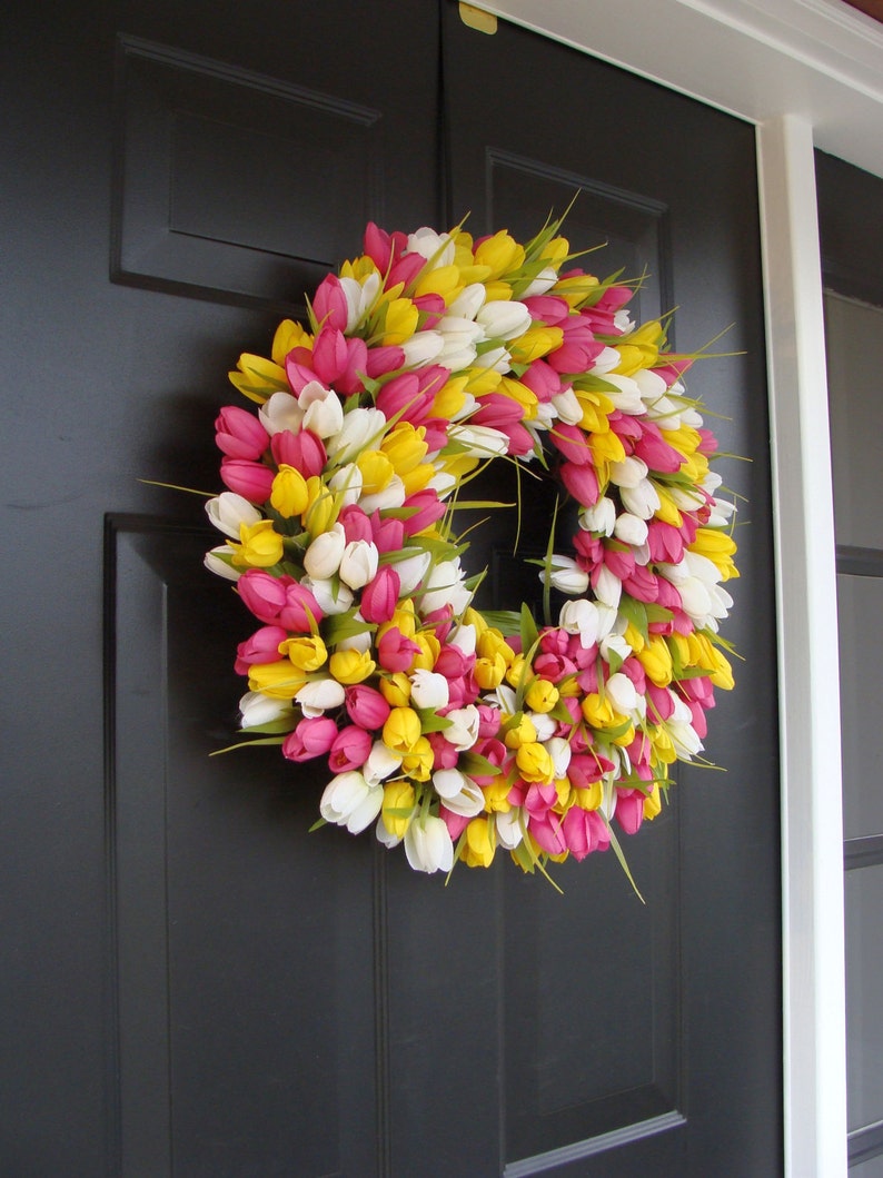 Spring Wreath Pink Mini Tulip Spring Wreath Front Door Wreath for Spring image 3