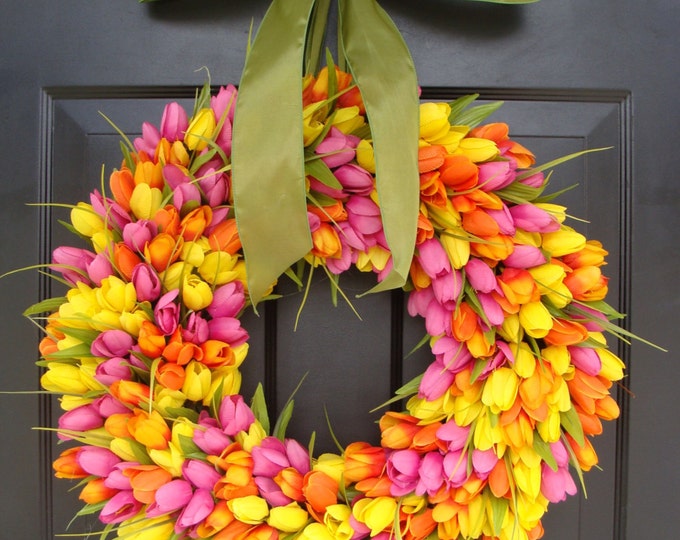 Spring Wreath- Summer Wreath- Mother's Day Gift- Summer Decor- Burlap Ribbon, Custom Colors The ORIGINAL Tulip Wreath