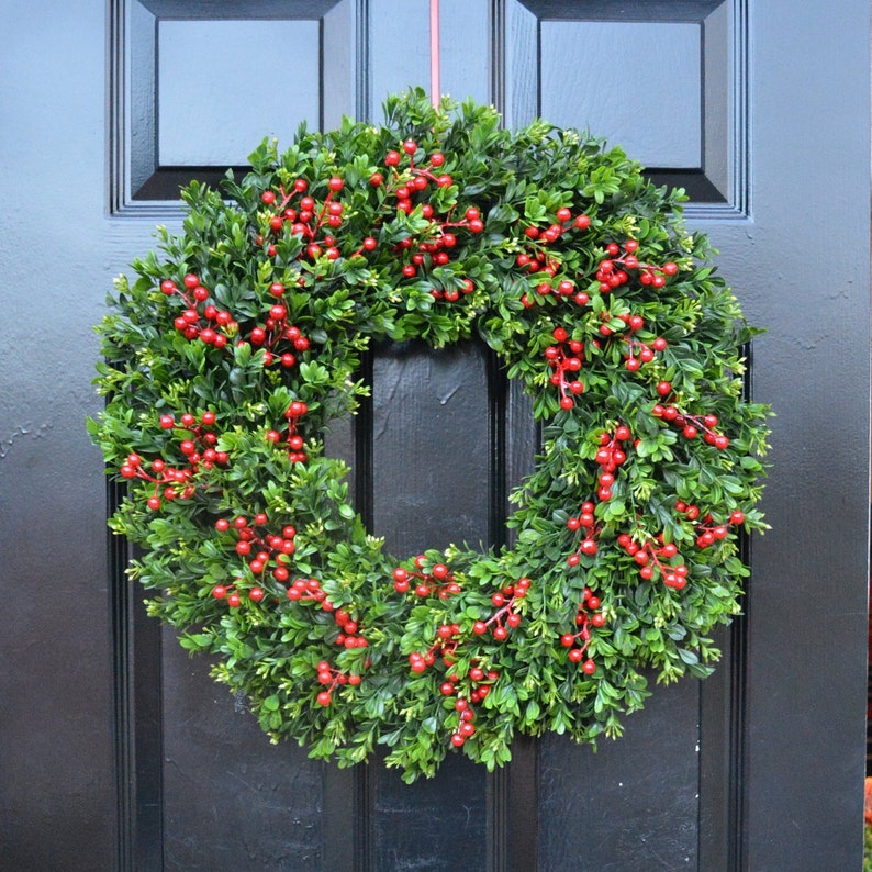 Farmhouse Christmas Wreath Front Door Outdoor Boxwood Red Berries Holiday Wreath Winter Farmhouse decor Storm Door Wreath Decor image 7