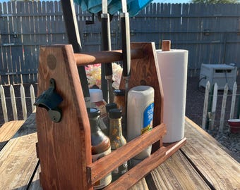 BBQ Caddy, Grill Accessories, BBQ Tools, Gift for Dad, Gift for Him, BBQ Caddy with Bottle Opener, Christmas gift, bbq accessories handmade