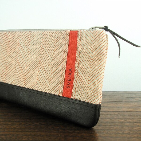 Clutch - Linen and Leather - Hand-printed - Persimmon Herringbone