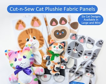 Cut and Sew Cat Plushie fabric panel by Beckadoodles, choose large or mini cat plushies, six designs, easy sewing for beginners and kids