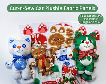 Cut and Sew Holiday Cat Plushie fabric panel by Beckadoodles, choose large or mini plushies, four designs, easy diy for beginners and kids