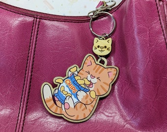 Snack Attack Ginger Cat Wooden Keychain, wooden cat keyring for cat lovers, cute kitty key fob