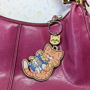 Snack Attack Ginger Cat Wooden Keychain, wooden cat keyring for cat lovers, cute kitty key fob