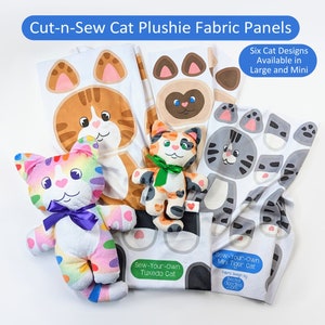 Cut and Sew Cat Plushie fabric panel by Beckadoodles, choose large or mini cat plushies, six designs, easy sewing for beginners and kids