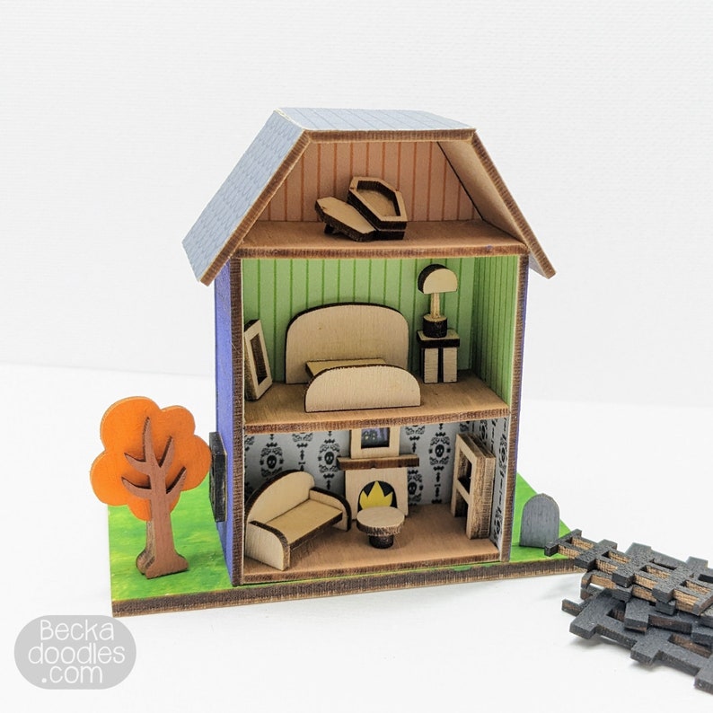 Mini Haunted House Dollhouse Kit, Miniature Toy Dollhouse Kit, DIY Haunted House, Tiny Wood House Kit, Miniature Wood House Kit image 5