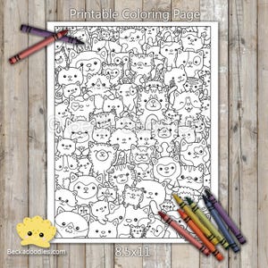 PRINTABLE Cute Kitty Cats Coloring Page, Hand-Drawn Coloring Sheet, Cat Doodles Coloring Page, Kids Coloring Page, Adult Coloring