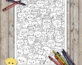 PRINTABLE Cute Kitty Cats Coloring Page, Hand-Drawn Coloring Sheet, Cat Doodles Coloring Page, Kids Coloring Page, Adult Coloring