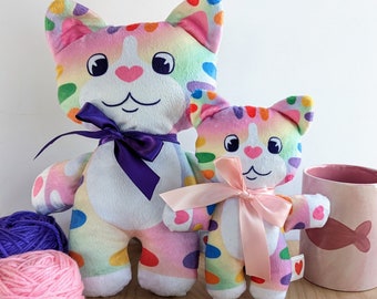 Lisa the Rainbow Cat Plushie, handmade minky fabric, super soft, cuddly stuffed cat toy, vintage vibe