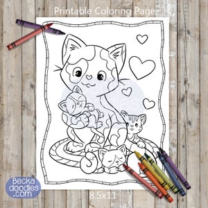 PRINTABLE Momma Cat and Kittens  Coloring Page - Digital Download