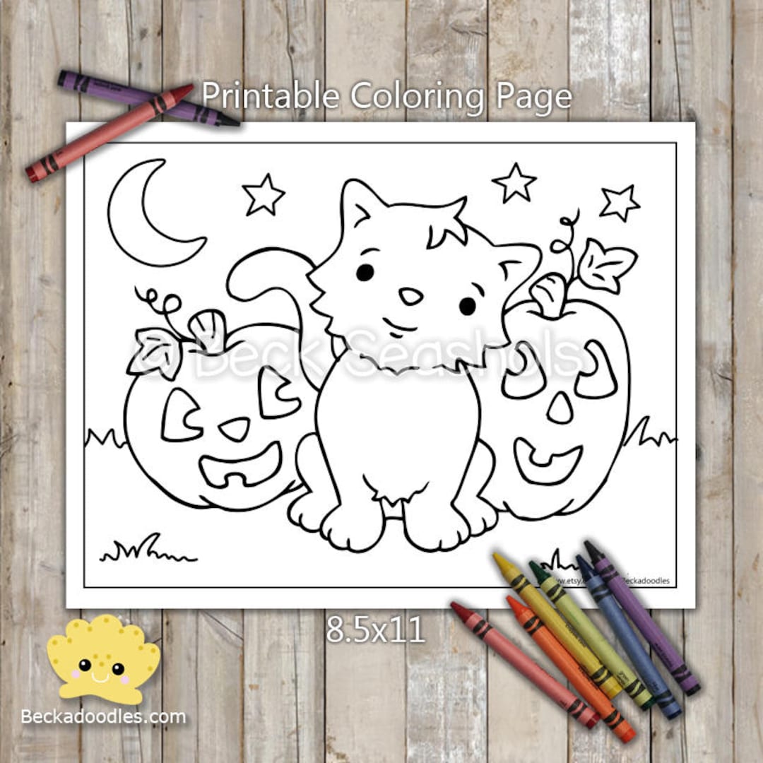 PRINTABLE Cat and Pumpkins Coloring Page, Digital Download, Hand-drawn