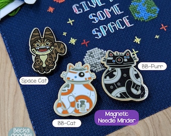 Space Cat and Robot Cat Wooden Pins, Needle Minders, and Fridge Magnets