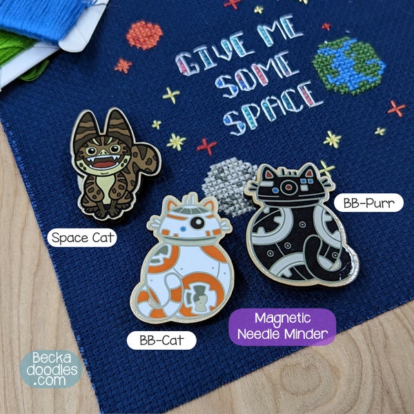 Space Cat and Robot Cat Wooden Pins, Needle Minders, and Fridge Magnets