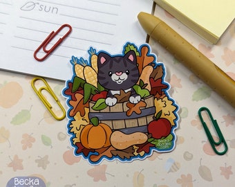 S1116 Fall Basket Cat Vinyl Sticker, Planner Sticker, Sticker Lover, Vinyl Sticker, Autumn Vibes Sticker, Cat Lover Sticker, Kitty Sticker