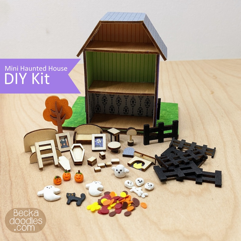 Mini Haunted House Dollhouse Kit, Miniature Toy Dollhouse Kit, DIY Haunted House, Tiny Wood House Kit, Miniature Wood House Kit image 2