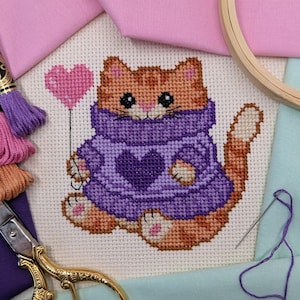 Purple Heart Sweater Cat Cross Stitch Pattern (PDF Pattern)