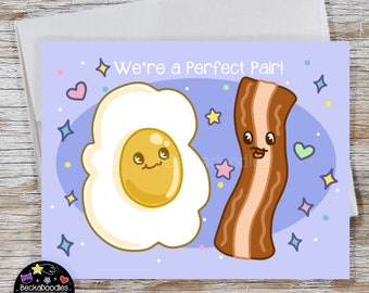 Bacon and Eggs Valentines Day Note Card - Kawaii Foods Cartoon Greeting Card