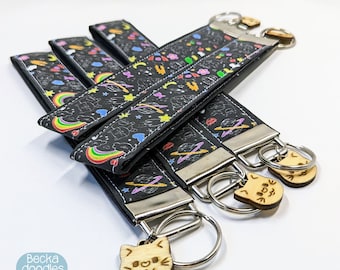 Doodles on black fabric wristlet keychain, cute key fob new car gift, key chain lanyard, modern keychain, cute doodles key fob