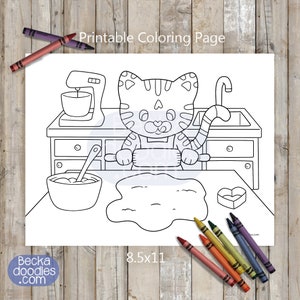 Página para colorear de Gatito cocinando: Escena en la cocina de la Sra. Leo (Descarga digital)