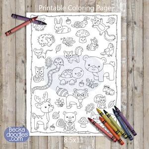 Página para colorear de animales del bosque: Animales dibujados a mano (Descarga digital)