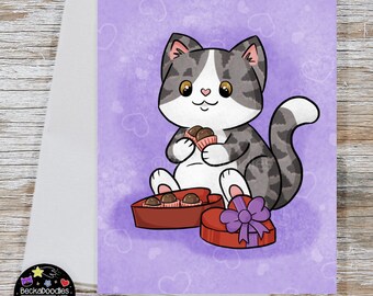 Chocolate Lover Kitten Note Card - Valentines Greeting Card - Cat Lovers