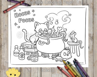 PRINTABLE Halloween Cat Witch's Cauldron Coloring Page, Hand-Drawn Coloring Sheet, Halloween Coloring Page, Kids Coloring, Adult Coloring