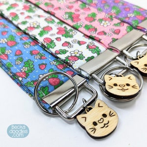Strawberry Fabric Wristlet Keychain with Cat Charm