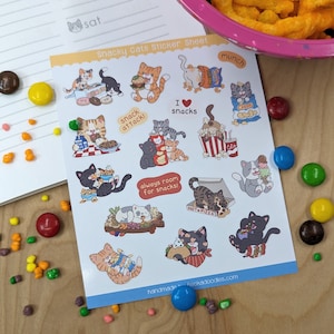 SS1051 Snacky Cats-stickervel, ideaal voor planners, kalenders en scrapbooking. Kattenstickers voor tussendoortjes, perfect voor je dagboek of cadeau