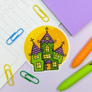 Crooked Haunted House Vinyl Sticker: Spooky Halloween Decor
