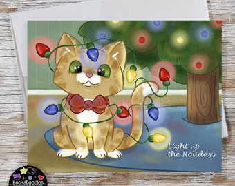 Christmas Lights Ginger Cat Note Card - Greeting Card -Blank Note Card - Christmas Card