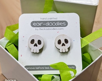 Wooden Skull Earrings, Halloween Earrings, Hand Painted Earrings, Spooky Cute Earrings, Pirate Skull Earrings, Holiday Gifts for Her