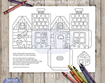 PRINTABLE Haunted House Paper Craft, Digital Download, Halloween Coloring Activity, Kids Coloring, Adult Coloring, Paper Crafts