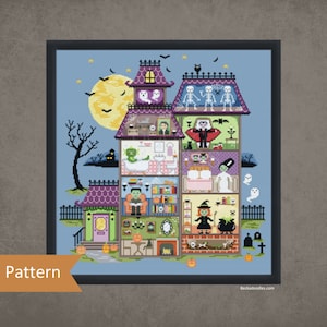 Happy Haunted House Cross Stitch Pattern, Halloween Sewing, Modern Cross Stitch, Cute Halloween Cross Stitch Pattern, Hand Sewing Pattern